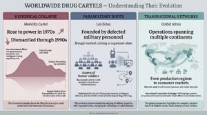 Infographic titled “Worldwide Drug Cartels – Understanding Their Evolution” showing three sections: the rise and fall of the Medellín Cartel from the 1970s to 1990s, the military origins of Los Zetas formed by former soldiers, and the global spread of drug trafficking networks across multiple continents.