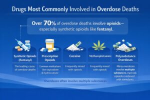 Infographic showing drugs most commonly involved in overdose deaths, noting that over 70% involve opioids, especially fentanyl, along with cocaine, methamphetamine, prescription opioids, and polysubstance use.