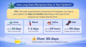 Infographic showing how long marijuana stays in your system, with detection times for urine, blood, saliva, and hair tests.